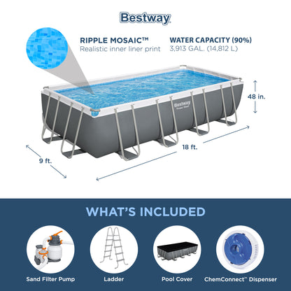 Bestway Power Steel Rectangular Metal Frame Above Ground Swimming Pool Set with 1500 GPH Sand Filter Pump, Ladder, and Pool Cover