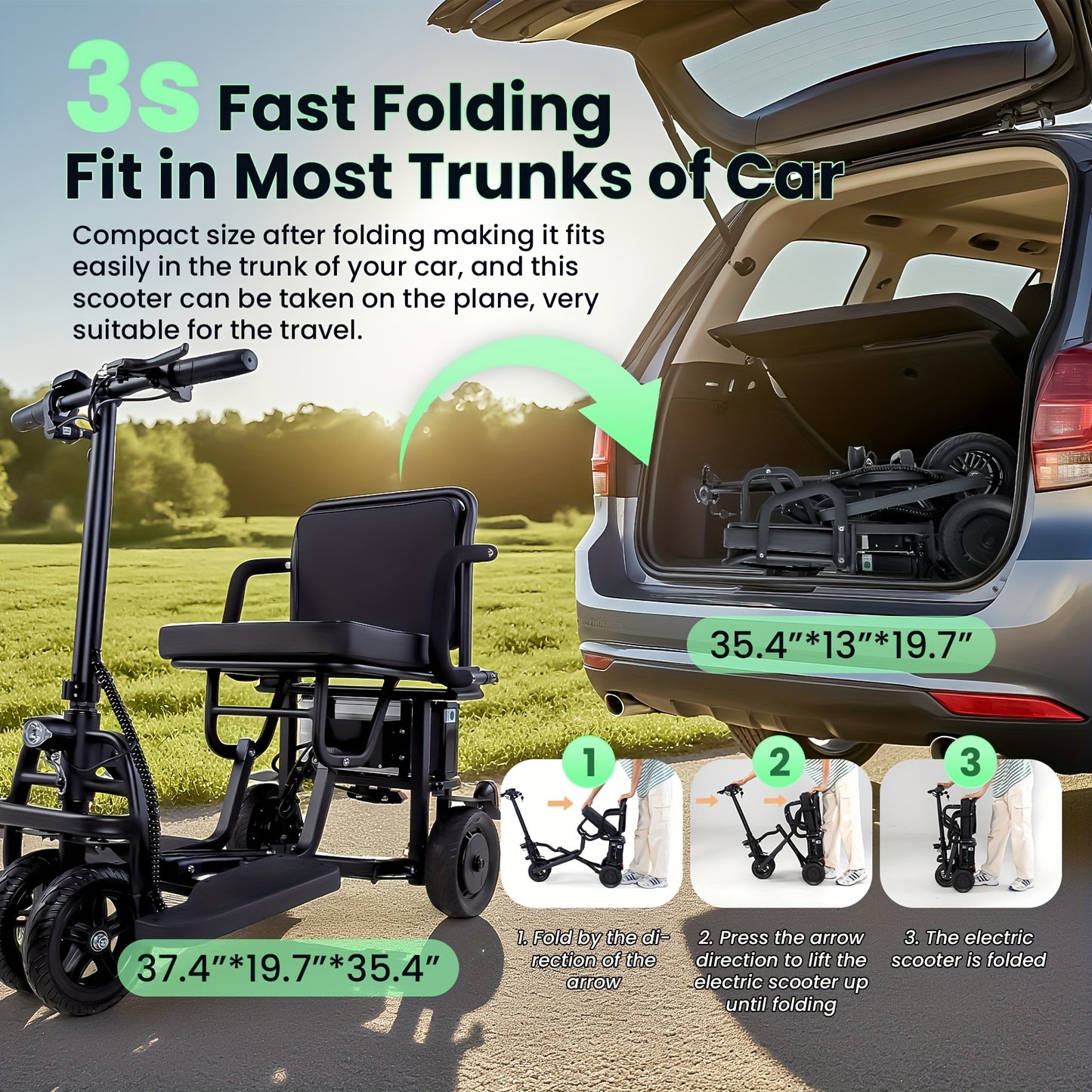 Mobility Scooters for Seniors, Dual Front Wheels, Autopilot Cruise Control, Airline Approved, 20 Miles Electric Scooter, 3 Gear Speed, Ultra Lightweight Folding Scooter