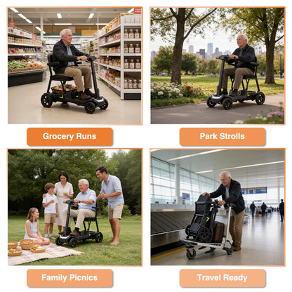 A Lightweight, Foldable Four-wheeled Electric Mobility Scooter Suitable For Seniors And Adults, Equipped With Dual Removable Batteries, Meeting Air Travel Standards, Offering A Long Range, And A Top Speed Of 5 Mph