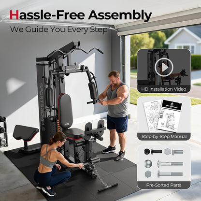 Multifunctional for home Gym Equipment, 150LBS Rustproof Weight Stack All-In-One Workout Machine, 35+ Exercise Functions with Adjustable Seat & Pulley System, Stable H-Base Full Body Trainer for Home, Garage & Apartment, Without Battery