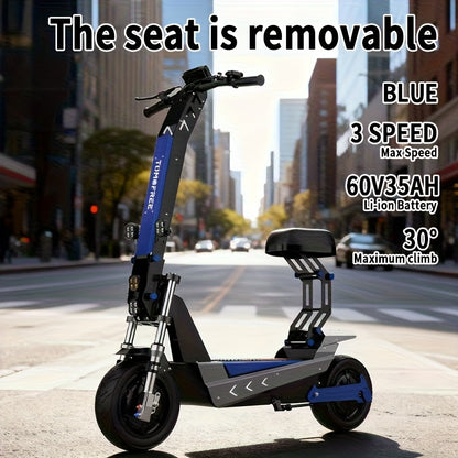 Tomofree Adult Electric Scooter, 60V35Ah 3-speed Range Of Approximately 75 Miles, 11 Inch Tires with Seats, Multiple Hydraulic Shock Absorbers with A Maximum Load Capacity Of 300 Pounds, Front Headlights, Foldable, LCD Display Screen