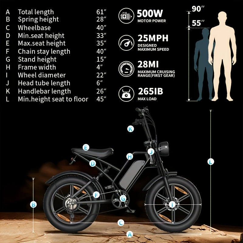 An Electric Bicycle Equipped with a 48 Volt 500 Watt Motor, 20 Inch Wide Tires, Heavy-Duty Design, Comfortable Suspension System, a Choice for Adventure Enthusiasts. Excellent