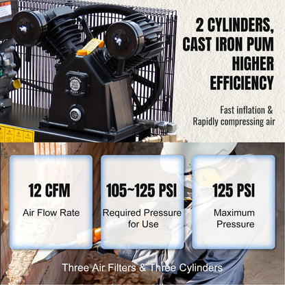 6.5HP Gas Powered Portable Air Compressor With 9 Gal Twin Tank, 12 CFM@125 PSI, Without Battery