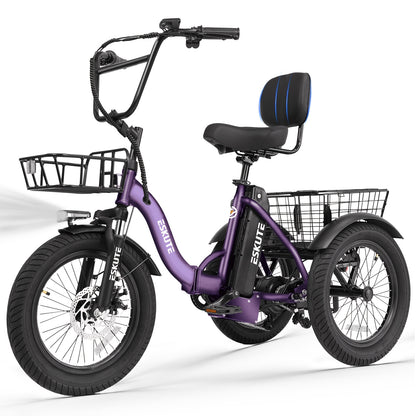 (June Member Day Priority Shopping)ESKUTE E Three-wheeled Electric Bicycle, Folding Electric Tricycle, 18X3.0 Wide Tires, Long-range 624Wh Battery
