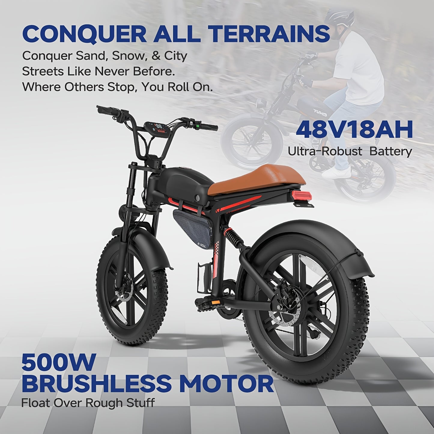 Retro Motorcycle Style Electric Bike for Adults, 20"x4.0" Tire, 48V 18Ah Battery for 60-90 Miles Long Range & Fast Speed, 7-Speed, Ideal for City Commuting, Trail Riding And Leisure Cruising.