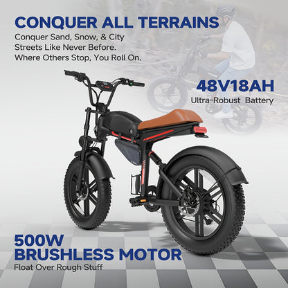 Retro Motorcycle Style Electric Bike for Adults, 20"x4.0" Tire, 48V 18Ah Battery for 60-90 Miles Long Range & Fast Speed, 7-Speed, Ideal for City Commuting, Trail Riding And Leisure Cruising.
