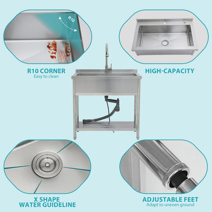 21'D X 36'W X 35.5'H Stainl Steel Large Utility Sink Single Bowl Freestanding Commercial Restaurant Sink with Pull-Out Faucet Utility Sink for Laundry Room Garage Kitchen