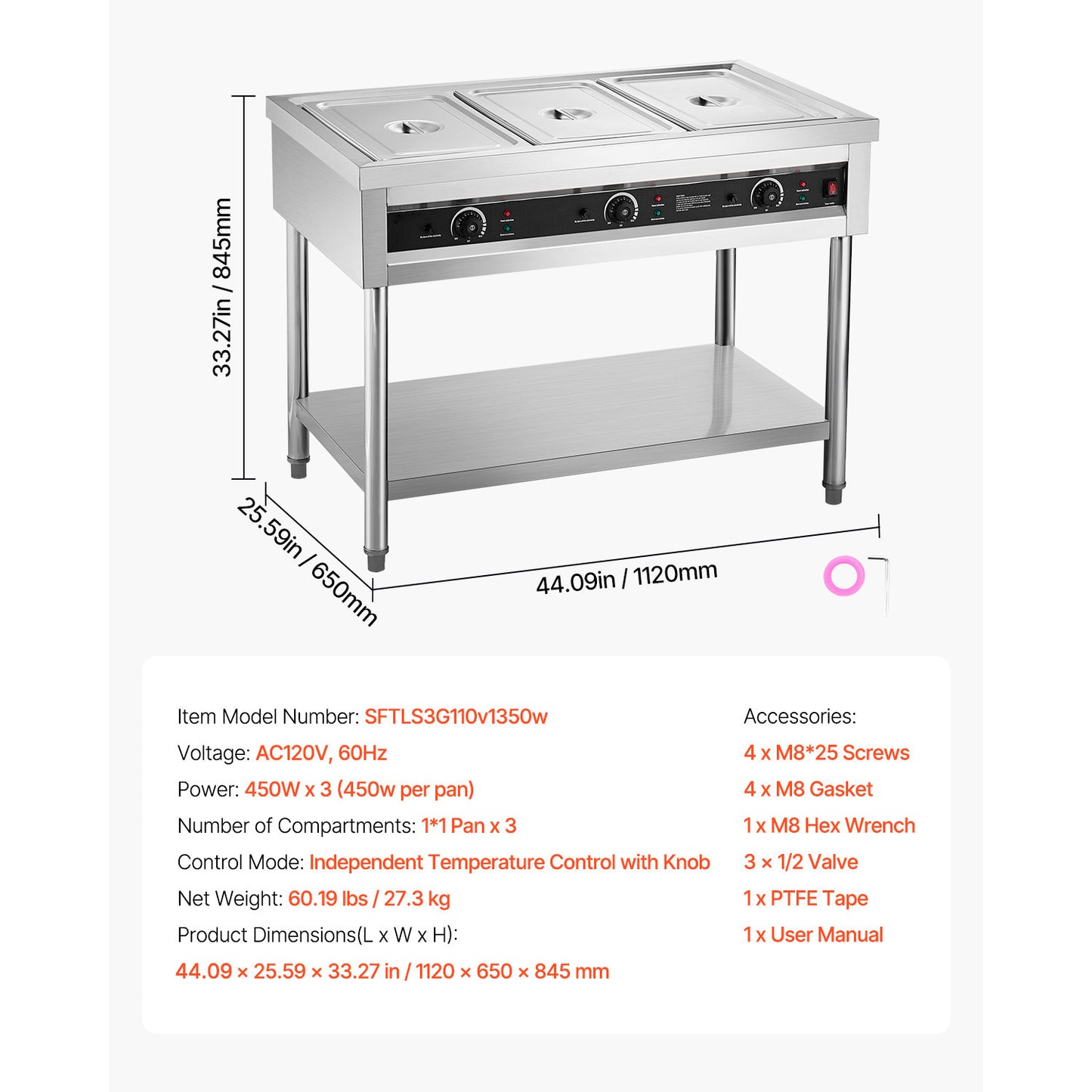 3-Pan/4-Pan/5-Pan Commercial Food Warmer Steam Table with Independent Temperature Control, 110V/220V
