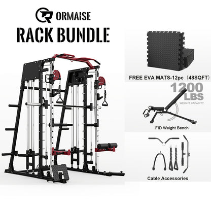 ALL-IN-ONE 2200lbs Smith Machine Home Gym, Squat Rack with LAT-Pull Down System & Cable Crossover Machine, Training Equipment with Weight Bar, 360° Landmine, Barbell Holders And Other Attachments, Total Body Strength Training Cage