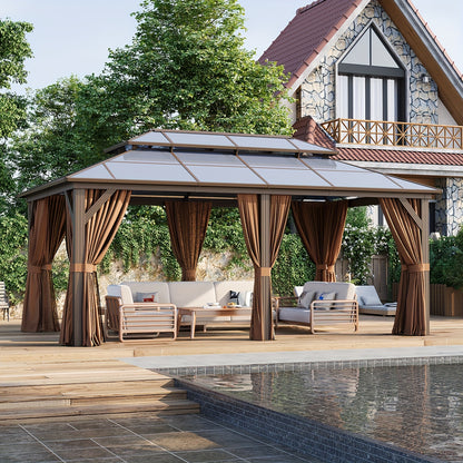 12'X20' Hardtop Gazebo, Aluminum Frame Permanent Pavilion with Curtains And Netting, Outdoor Polycarbonate Double Roof Canopy, for Patio, Lawns, Garden