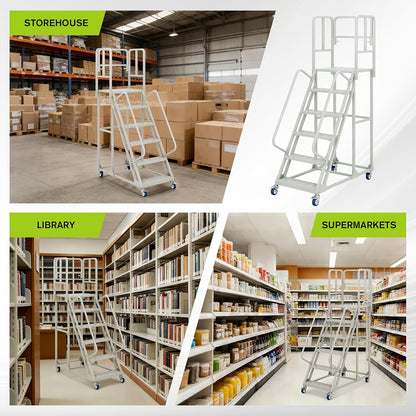 A 6-Step Rolling Ladder Measuring 24 Inches Wide And 90 Inches High, Featuring Dual Handrails And Lockable Wheels, Capable of Supporting Up to 1200 Pounds. This Heavy-Duty Mobile Platform Ladder Is Ideal for Use in Warehouses, Supermarkets