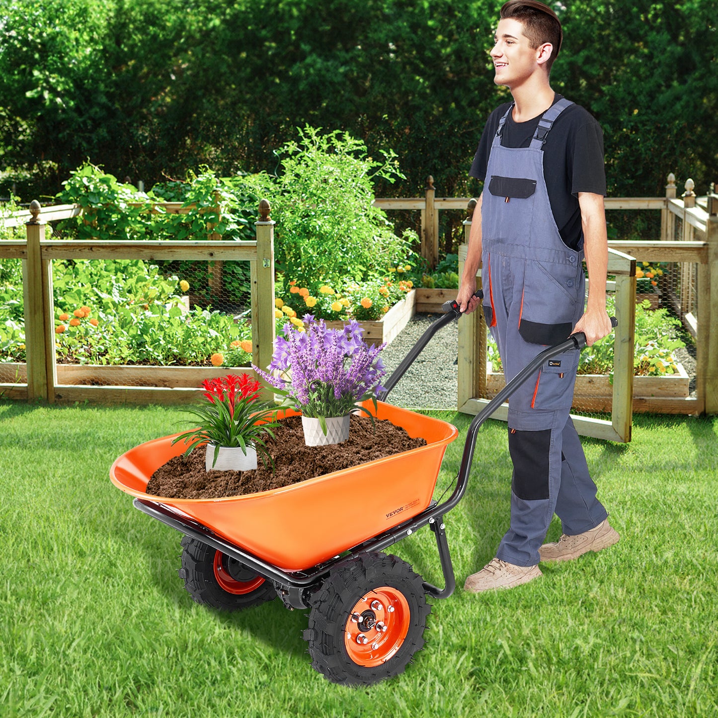Electric Wheelbarrow Cart, 500W Powered Utility Garden Wagon Dump Cart, 4.5 Cu. Ft. Load & 573 lbs Capacity with Metal Handle & 16" Track Wheels, Two Wheel Barrow Yard Cart & Wagons for Lawn