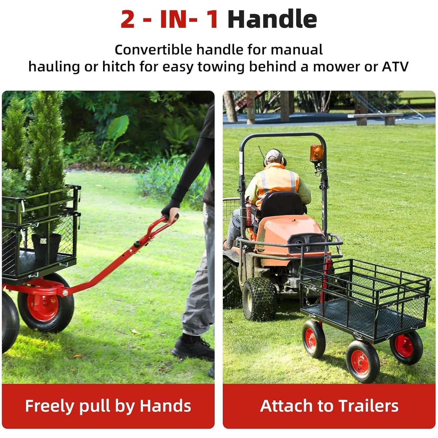 Heavy Duty Garden Utility Cart, Metal Dump Wagon with Removable Sides and 180° Rotating Handle, Yard Garden Cart on Wheels for Outdoor
