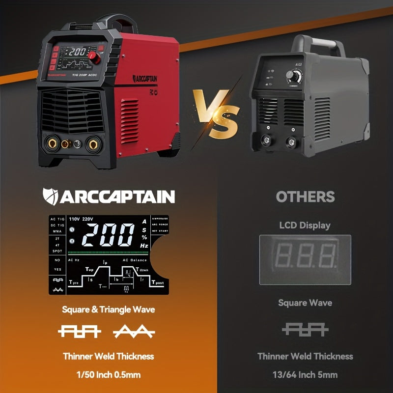 ARCCAPTAIN TigACDC Welder, 7-in-1 Welding Machine, TIG, DC Pulse TIG, AC TIG, AC Pulse TIG, AC Pulse TIG (Square Wave), AC Pulse TIG (Triangular Wave), STICK, And SPOT TIG. Voltage Input (110V/220V)