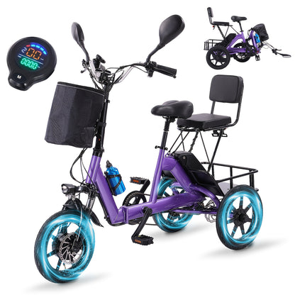 Foldable Electric Tricycle for Home Use, Adult Electric Tricycle, Electric Pedal Bike with 480WH Removable Battery, Dual Seats with Front And Back Baskets, Electric Tricycle for Transporting Kids And Elderly, 45 Miles 3 Riding Modes Etrike