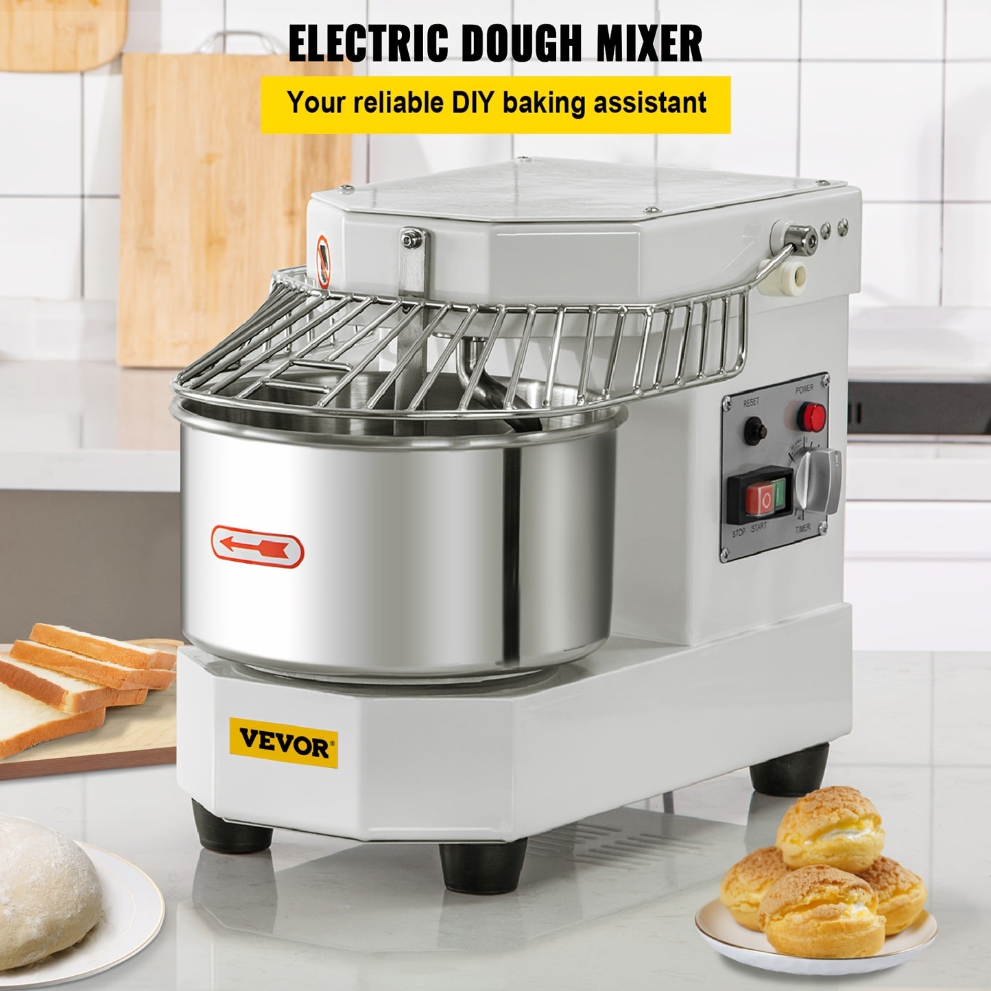 Happybuy 8.5Qt Commercial Food Mixer, 450W Dual Rotating Dough Kneader, Stainless Steel Bowl, Security Shield, Timer, Baking Equipment for Restaurant Pizzeria