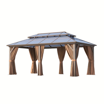 12'X20' Hardtop Gazebo, Aluminum Frame Permanent Pavilion with Curtains And Netting, Outdoor Polycarbonate Double Roof Canopy, for Patio, Lawns, Garden