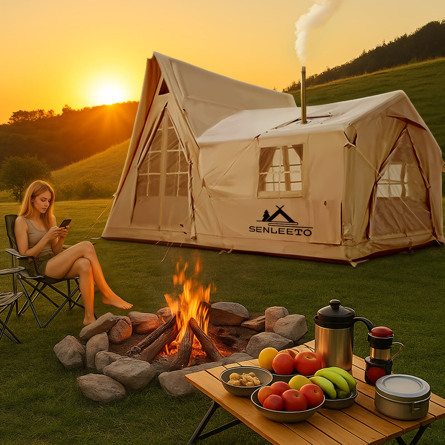 Large Inflatable Tent For 8-10 Person - 135 SQFT Inflatable Cabin Tents For Camping Instant Setup Blow Up Tent 4 Season Inflatable Tents With Stove Jack
