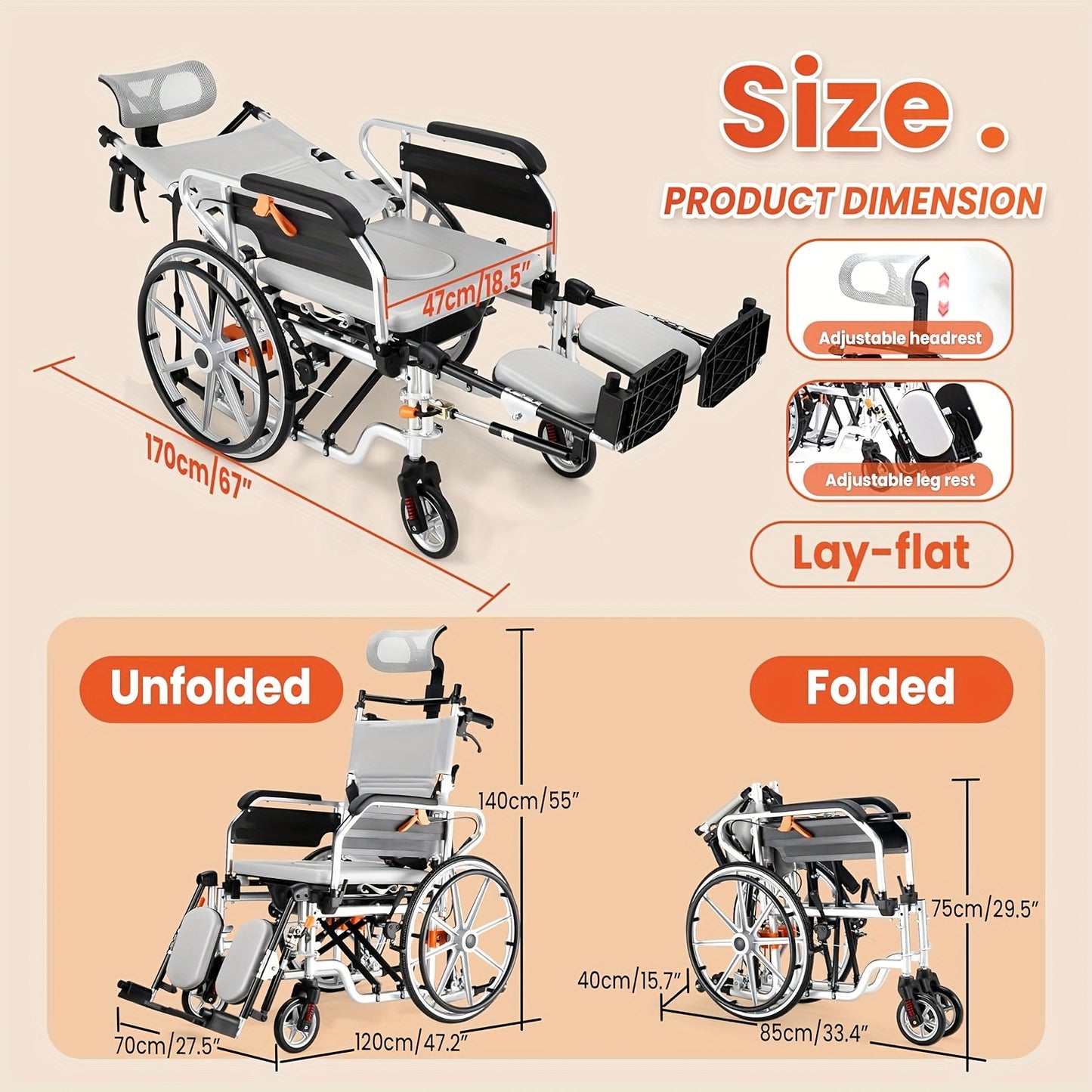 4-in-1 Reclining Wheelchairs, Waterproof Shower Bathroom Wheelchair, Transport Wheelchairs with Elevating Leg Rests And Potty- 18.5" Wide Seat Heavy Duty Recliner Wheel Chair for Seniors & Adults
