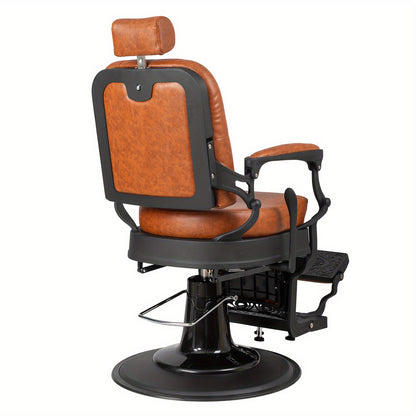 Heavy Duty Vintage Recline Barber Chair Hydraulic with Headrest, Supports up to 700lbs & 360° Rotatable, Professional Salon Beauty Spa Shampoo Equipment, Square Twill Backrest - Brown
