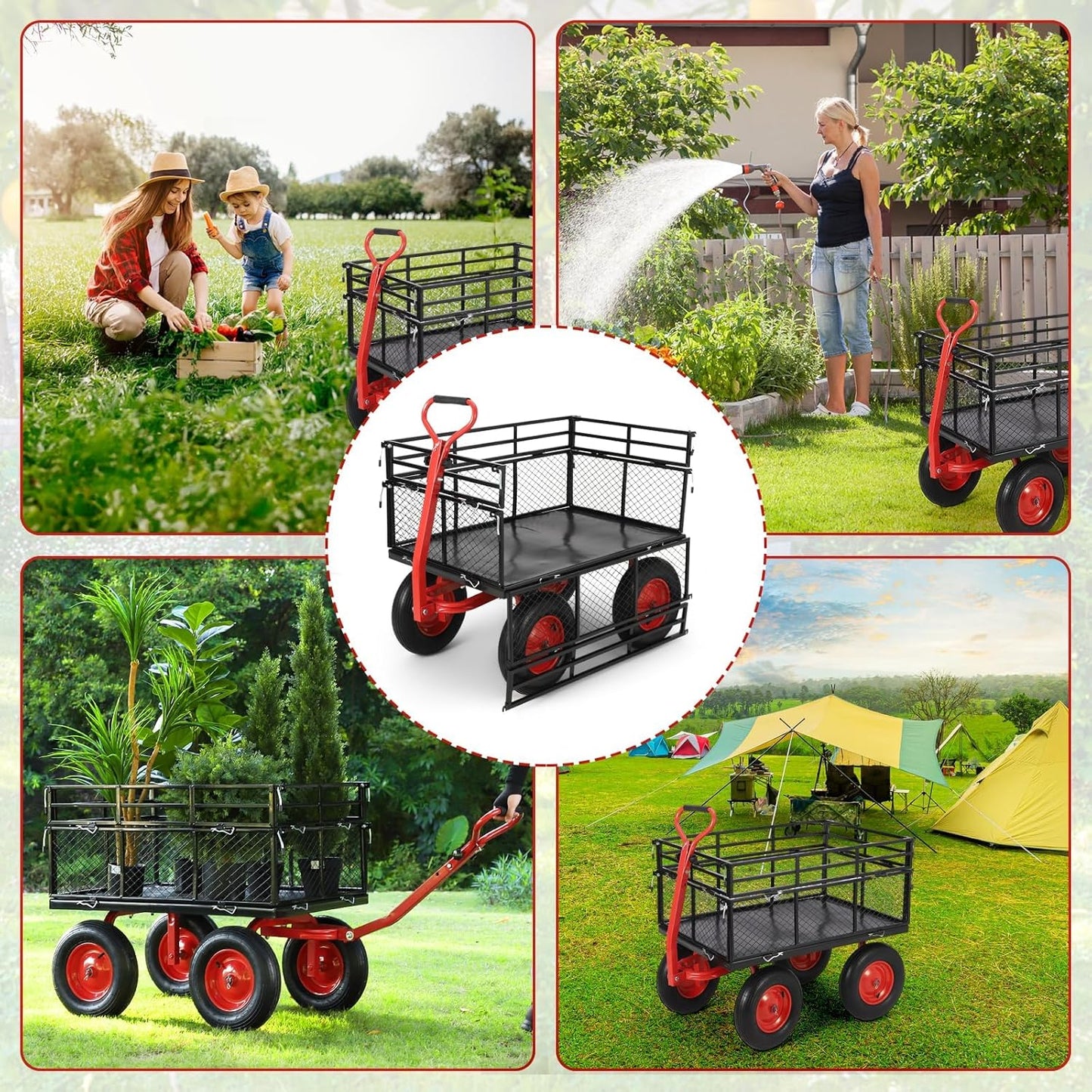 Heavy Duty Garden Utility Cart, Metal Dump Wagon with Removable Sides and 180° Rotating Handle, Yard Garden Cart on Wheels for Outdoor