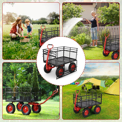 Heavy Duty Garden Utility Cart, Metal Dump Wagon with Removable Sides and 180° Rotating Handle, Yard Garden Cart on Wheels for Outdoor