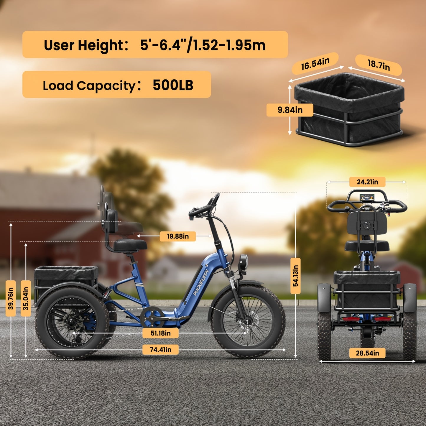 Full Suspension Electric Tricycle for Adults, Rear Mounted High-power Motor, 20" Tire Wide Seat Electric Trike with Reverse, 48V 720Wh Battery 75 Miles 19MPH Cargo Tricycle with Torque Sensor, Large Basket, Turn Signal