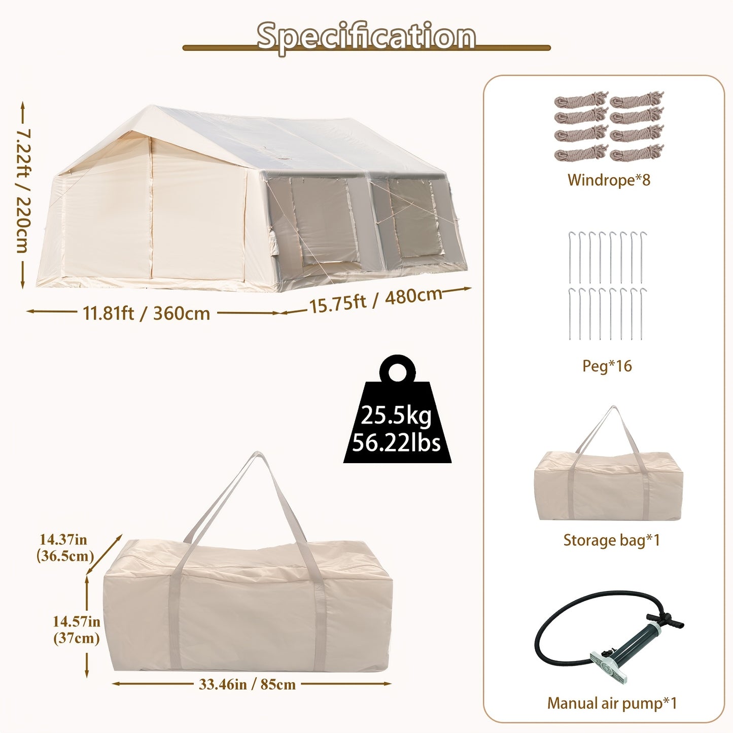 186Sqft Inflatable Camping Tent with Hand Pump Easy Setup Outdoor Air Tent 4 Seasons Glamping Cabin House with Windows And Door