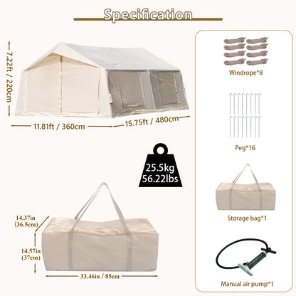 186Sqft Inflatable Camping Tent with Hand Pump Easy Setup Outdoor Air Tent 4 Seasons Glamping Cabin House with Windows And Door