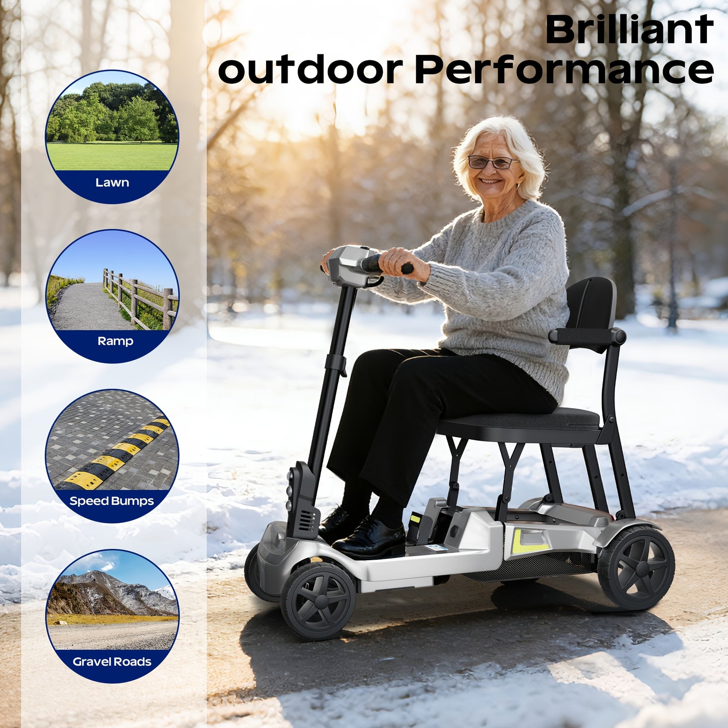 Foldable Powered 4 Wheel Mobility Scooter for Seniors, Lightweight Portable Electric Scooter for Adult, Dual Lithium Batteries, Climbing All Terrain Motorized Scooter with Headlight, Elderly Outdoor Riding, Liftable Handlebar