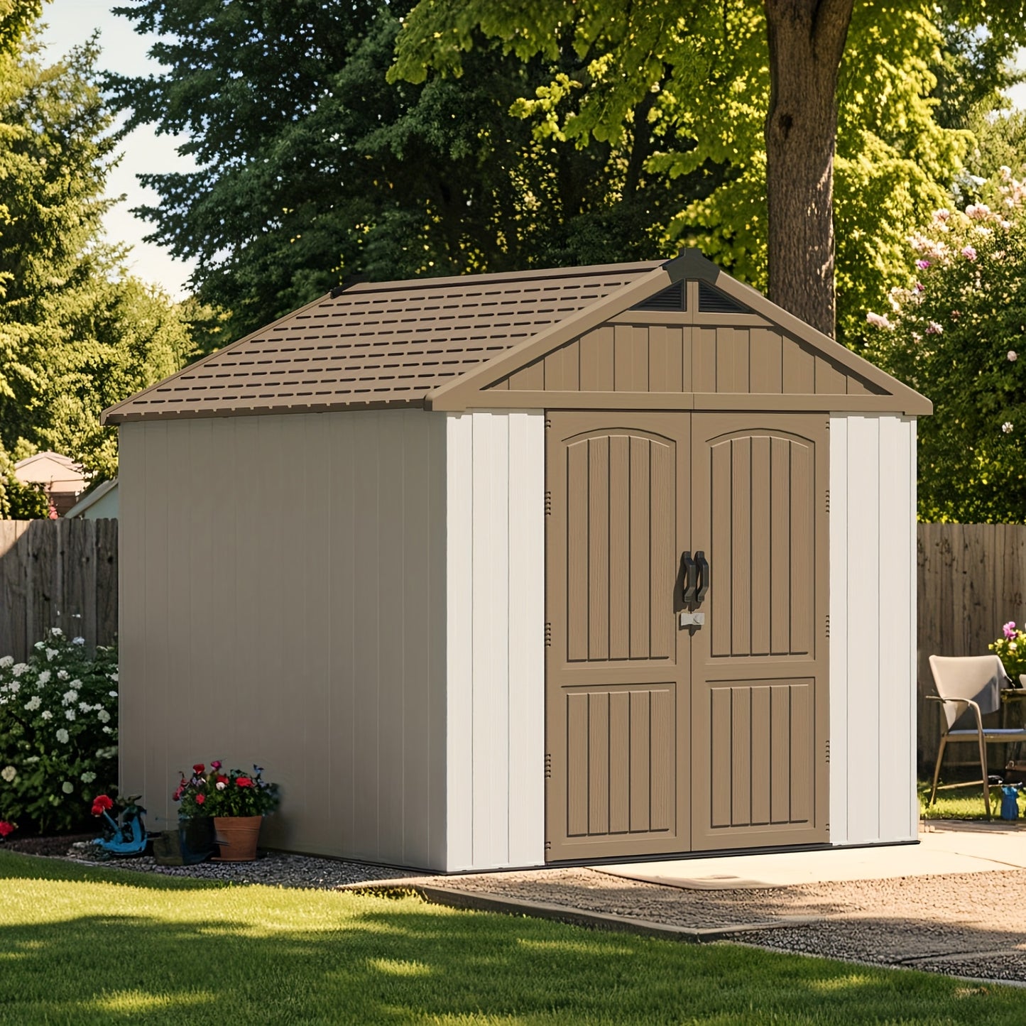 GUNJI 8X8 FT Outdoor Storage Shed with Lockable Door, Large 403 Cuft Resin Shed with Floor Roof Windows Vents, All-Weather Plastic Storage Shed Tool Organizer for Backyard Garden Patio Lawn