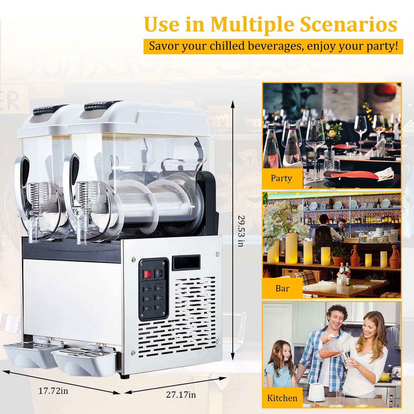 Commercial Slushy Machines with a Capacity of 30 Liters Or 8 Gallons, Featuring 860 Watts of Power, Made of Stainless Steel, Designed for Making Frozen Drinks And Margaritas, Includes a Self-Cleaning Function, Perfect for Cocktails, Restaurants