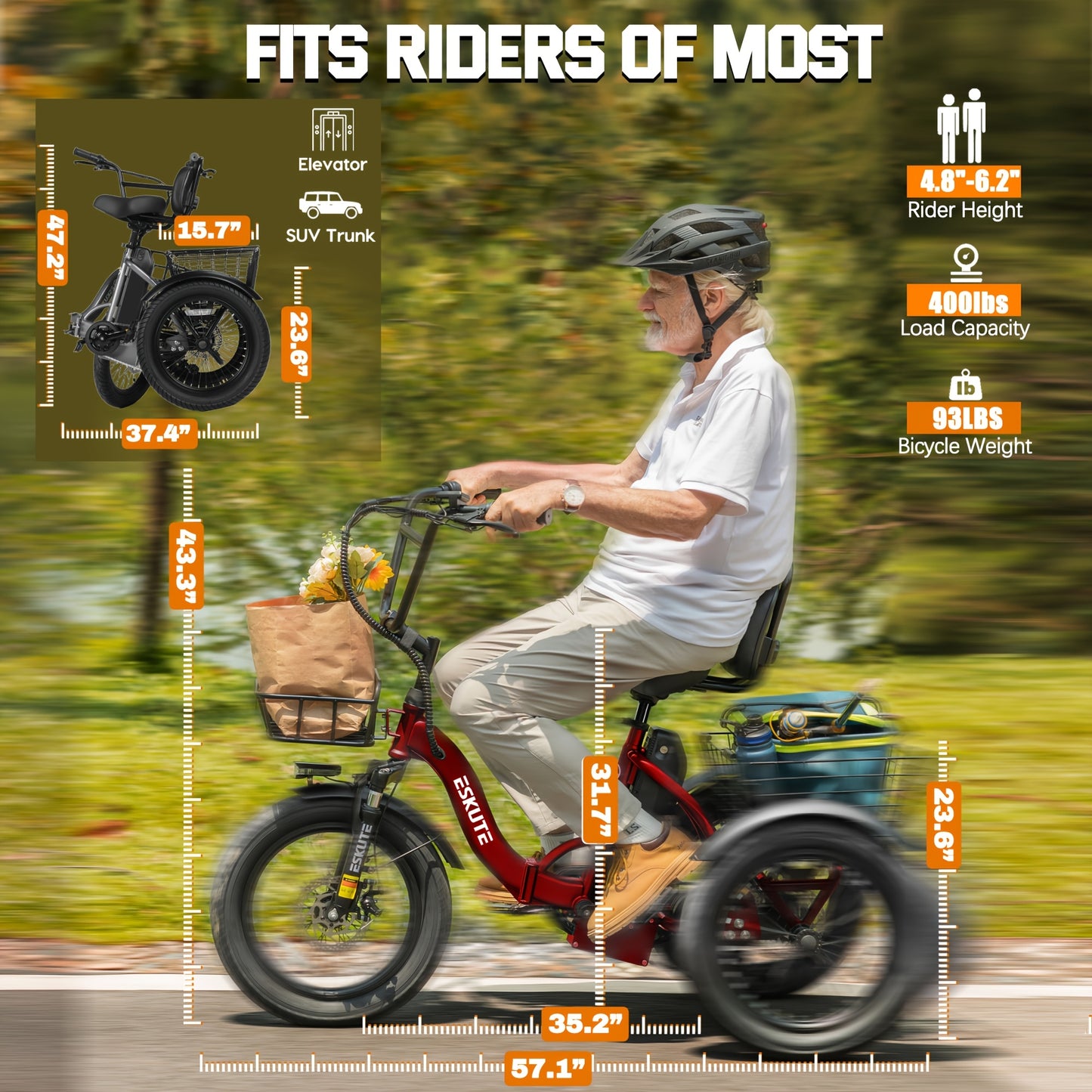 (June Member Day Priority Shopping)ESKUTE E Three-wheeled Electric Bicycle, Folding Electric Tricycle, 18X3.0 Wide Tires, Long-range 624Wh Battery