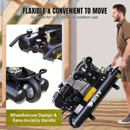 6.5HP Gas Powered Portable Air Compressor With 9 Gal Twin Tank, 12 CFM@125 PSI, Without Battery