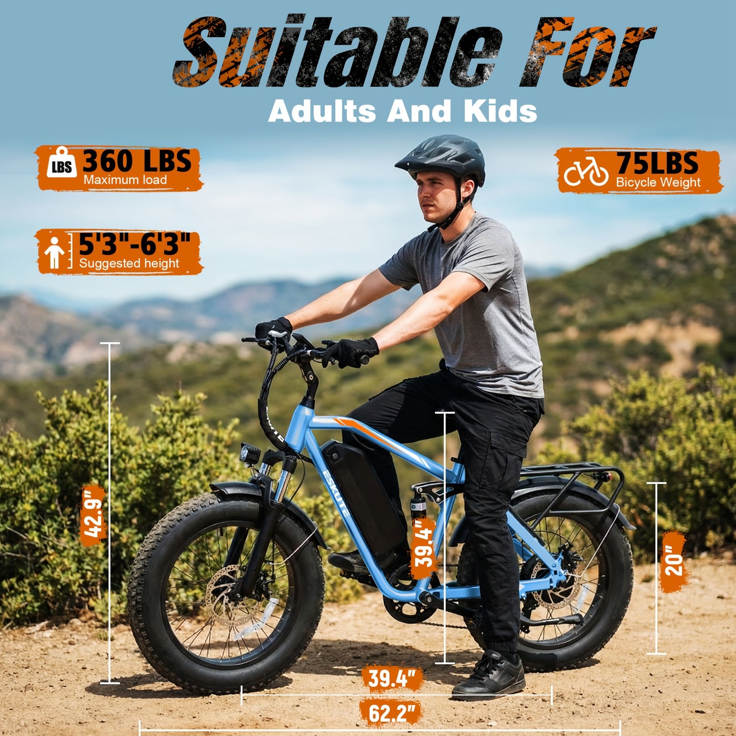 ESKUTE M300F Electric Bike for Adults 80Miles, 20.8ah Long Range And Removable Battery, 20x4 Tire Electric Mountain Bike for Men Women