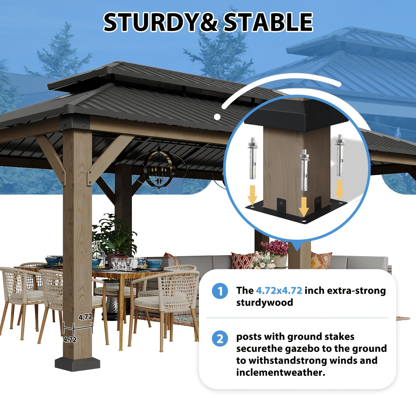 10' X 10' / 12' X 10' Outdoor Wooden Gazebo with Steel Double Roof, Cedar Pavilion for Patio, Garden And Backyard Use