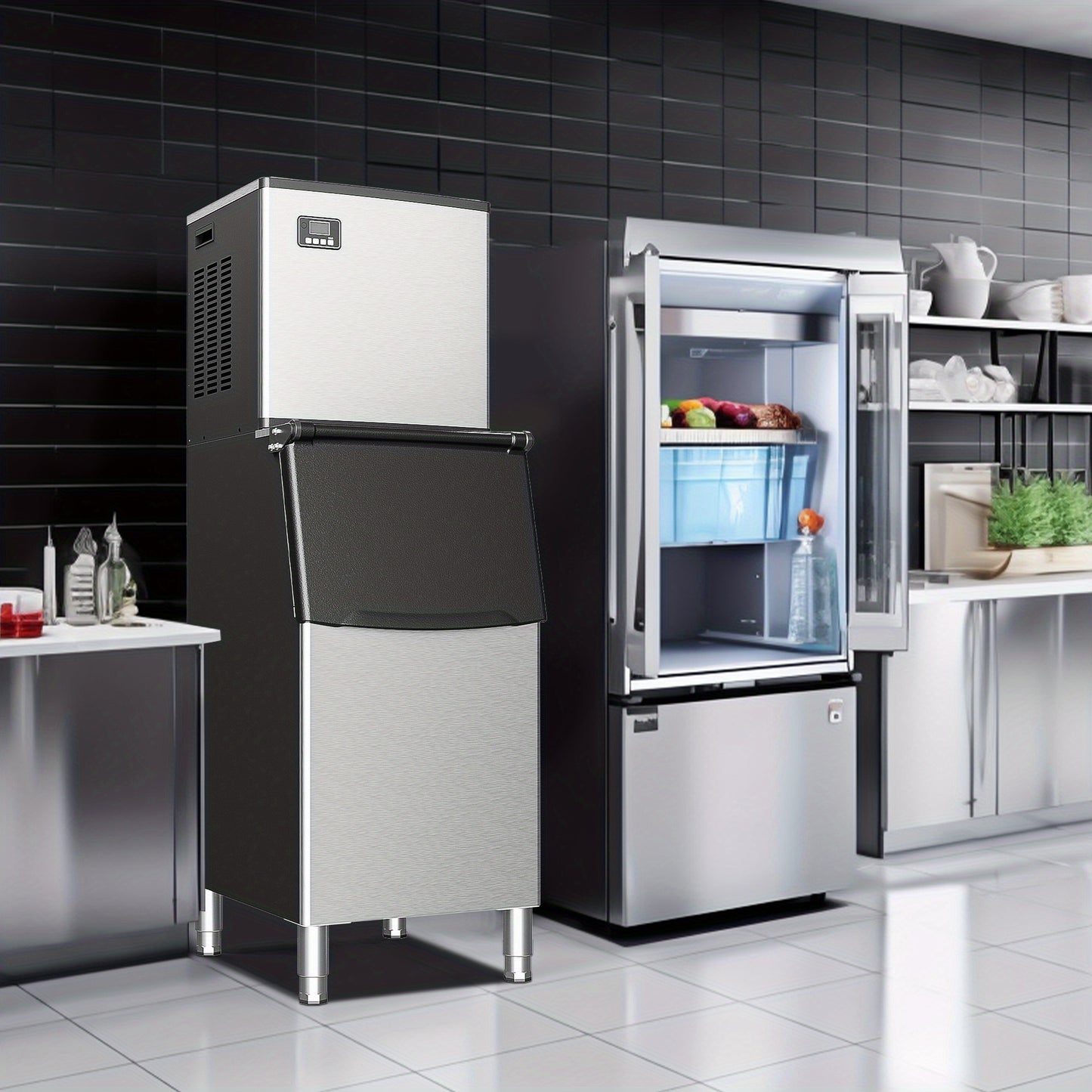 Industrial Ice Maker with a Capacity of 400 Pounds Per Day, Featuring a 250-Pound Storage Bin, Producing Ice in 8 to 15 Minutes, Made of Stainless Steel, Suitable for Bars, Cafes, Restaurants, And Businesses