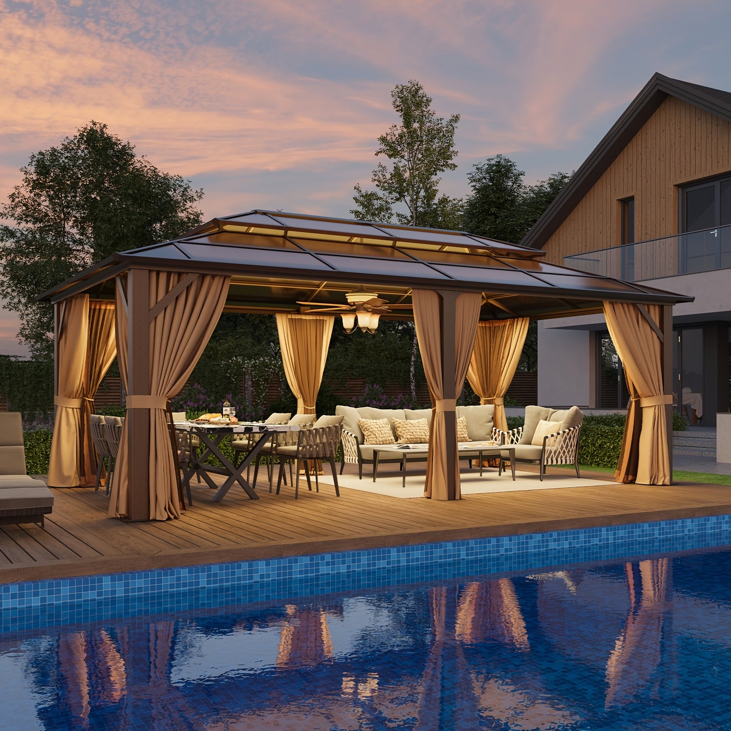 12'X20' Hardtop Gazebo, Aluminum Frame Permanent Pavilion with Curtains And Netting, Outdoor Polycarbonate Double Roof Canopy, for Patio, Lawns, Garden