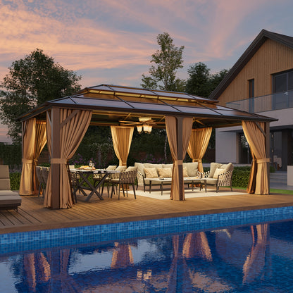 12'X20' Hardtop Gazebo, Aluminum Frame Permanent Pavilion with Curtains And Netting, Outdoor Polycarbonate Double Roof Canopy, for Patio, Lawns, Garden