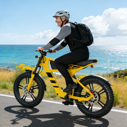 Hardcore Off-road Electric Bike, Featuring a Full Suspension System and Hydraulic Brakes to Conquer Rugged Mountain Trails. Equipped with 20"x4.0" Wide Tires and a 48V 18Ah Battery for 40-60 Miles of Range, This 7-speed All-terrain Beast