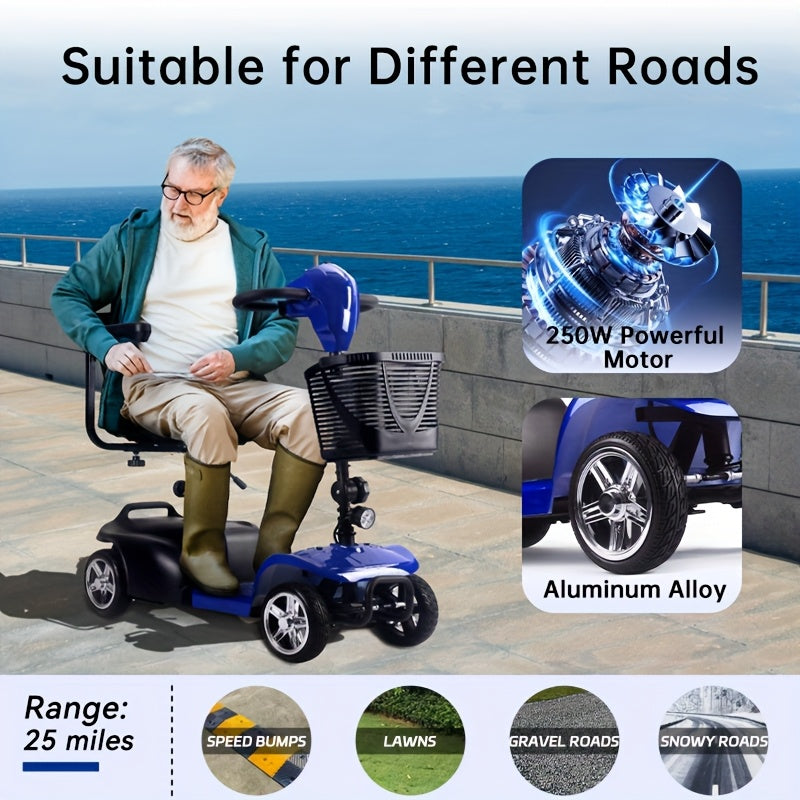 Mobility Aids for The, Four-wheel Foldable Mobility Scooters for Adults, 250w 12V, 12ah 15 Mile Long Range, with LED Headlights And A Detachable Storage Basket. Comes with A Tool Kit, Charger, And Instruction Manual.Holiday Surprise Gift