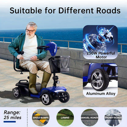 Mobility Aids for The, Four-wheel Foldable Mobility Scooters for Adults, 250w 12V, 12ah 15 Mile Long Range, with LED Headlights And A Detachable Storage Basket. Comes with A Tool Kit, Charger, And Instruction Manual.Holiday Surprise Gift