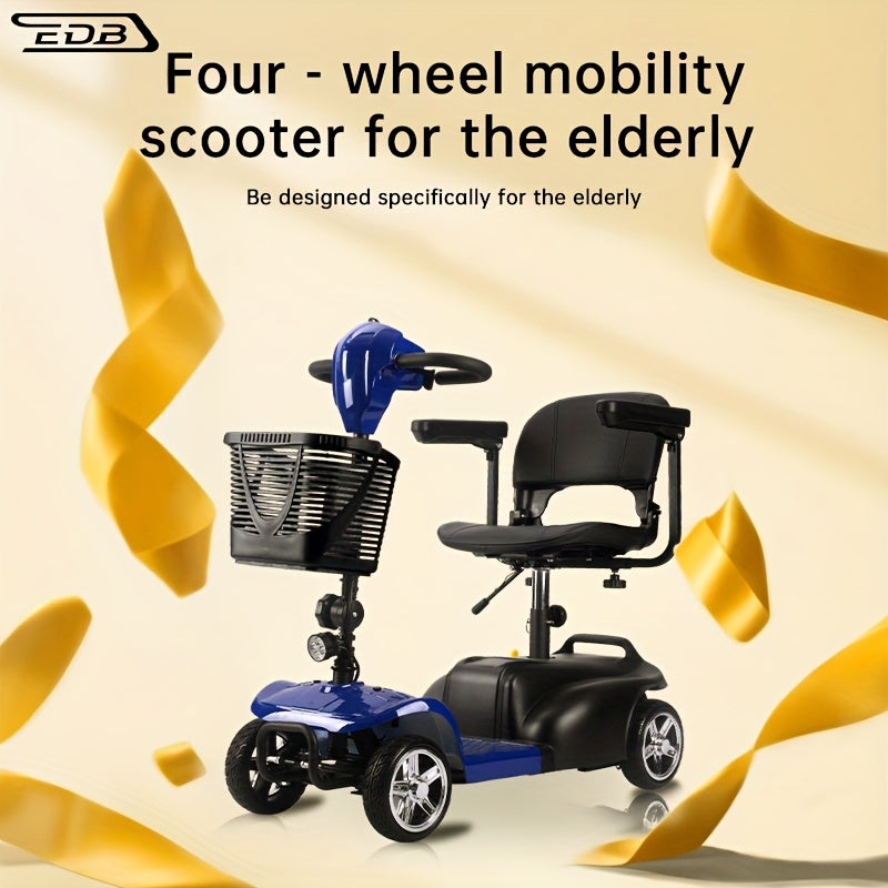 Mobility Aids for The, Four-wheel Foldable Mobility Scooters for Adults, 250w 12V, 12ah 15 Mile Long Range, with LED Headlights And A Detachable Storage Basket. Comes with A Tool Kit, Charger, And Instruction Manual.Holiday Surprise Gift