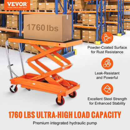 Hydraulic Lift Table Cart, 770/1760lbs Capacity 59" Lifting Height, Manual Double Scissor Lift Table with 4 Wheels and Non-slip Pad, Hydraulic Scissor Cart for Material Handling and Transportation