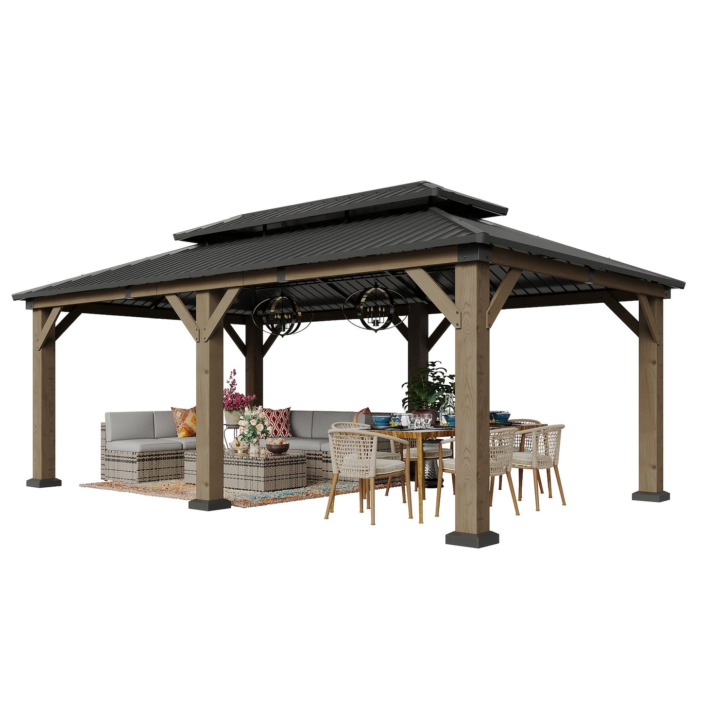 10' X 10' / 12' X 10' Outdoor Wooden Gazebo with Steel Double Roof, Cedar Pavilion for Patio, Garden And Backyard Use