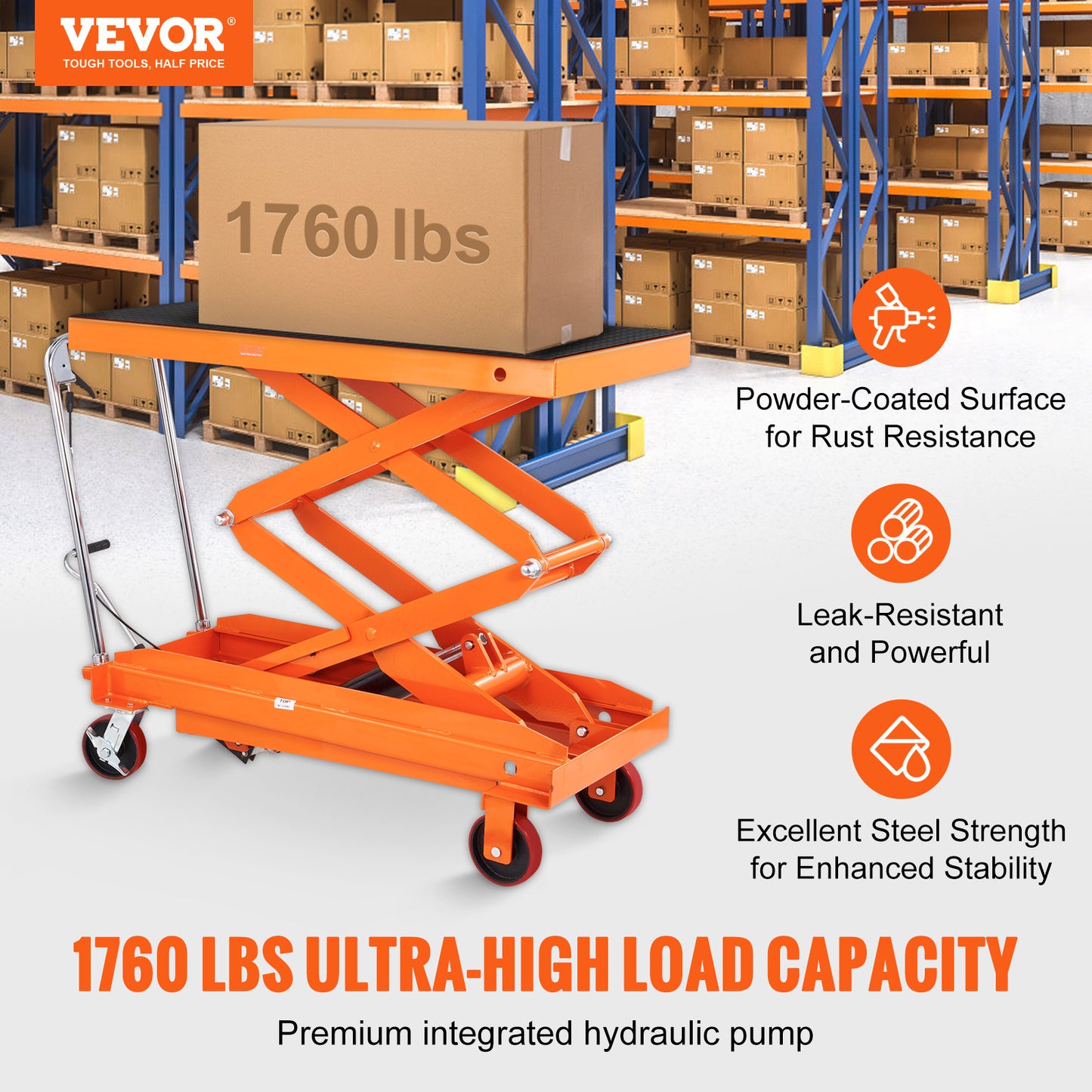 Hydraulic Lift Table Cart, 770/1760lbs Capacity 59" Lifting Height, Manual Double Scissor Lift Table with 4 Wheels and Non-slip Pad, Hydraulic Scissor Cart for Material Handling and Transportation