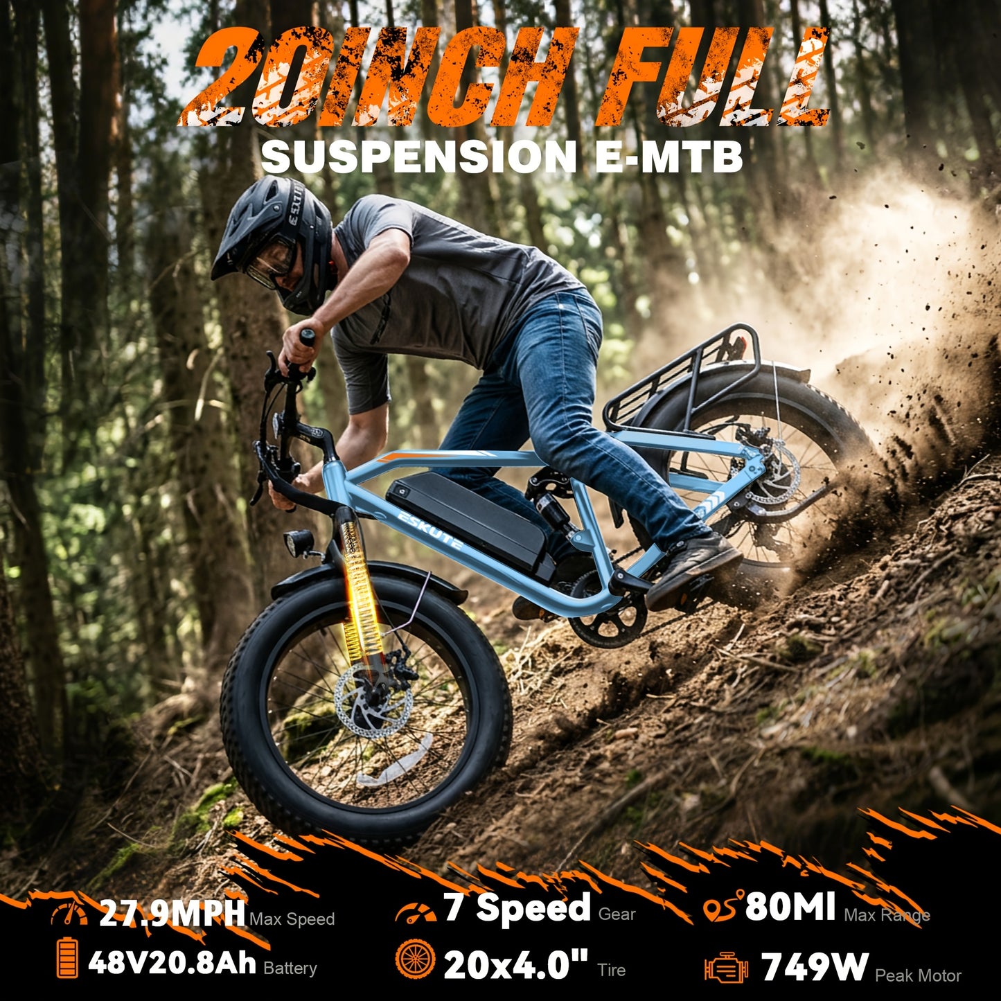 ESKUTE M300F Electric Bike for Adults 80Miles, 20.8ah Long Range And Removable Battery, 20x4 Tire Electric Mountain Bike for Men Women