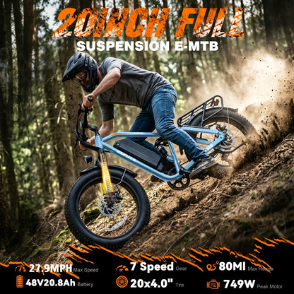 ESKUTE M300F Electric Bike for Adults 80Miles, 20.8ah Long Range And Removable Battery, 20x4 Tire Electric Mountain Bike for Men Women