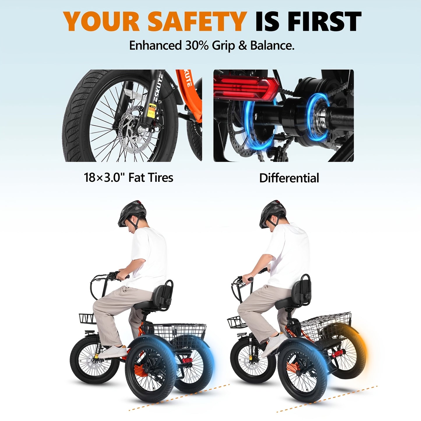(June Member Day Priority Shopping)ESKUTE E Three-wheeled Electric Bicycle, Folding Electric Tricycle, 18X3.0 Wide Tires, Long-range 624Wh Battery