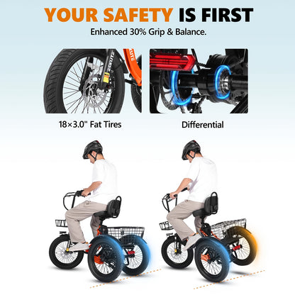 (June Member Day Priority Shopping)ESKUTE E Three-wheeled Electric Bicycle, Folding Electric Tricycle, 18X3.0 Wide Tires, Long-range 624Wh Battery